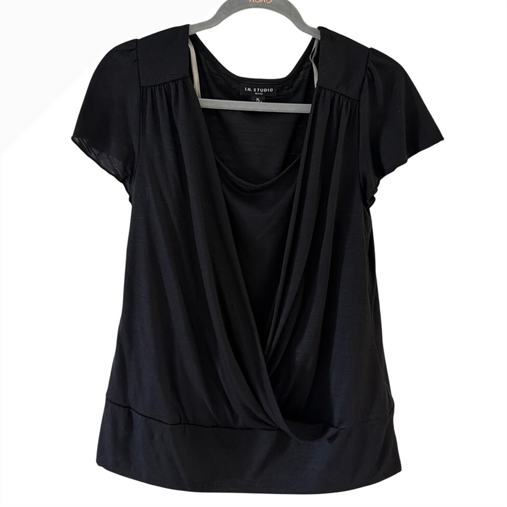 I.N. Studio Petite PL Black Draped Surplice Short Sleeve Top Banded Hem 5441A51